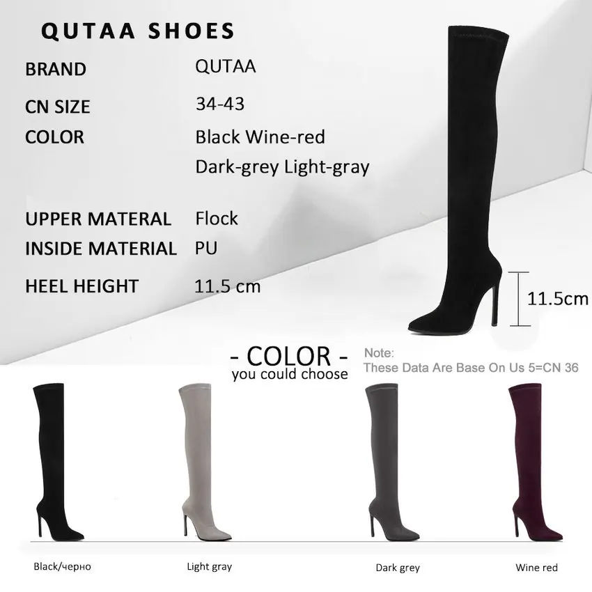 QUTAA Autumn Winter Women Shoes Pointed Toe Over The Knee High Boots Thin High Heel Slip on Stretch Long Boots Size 34-43