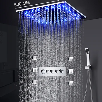 

Rain Shower Set Faucet Kits thermostatic 20 Inch Square Ceiling Misty Showerhead Massage 2 Inch Body Spray Jets