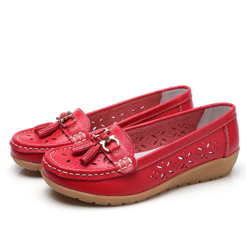 Женская обувь; летняя повседневная обувь; женская обувь на плоской подошве; женская дышащая обувь из натуральной кожи без застежки; лоферы; удобная обувь - Цвет: Red
