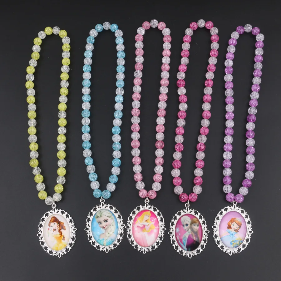 

2pcs Disney cartoon Elsa Children necklace+bracelet doll Frozen charms sweater accessories girl kid birthday gift cosmetic toy