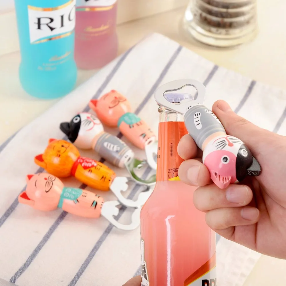 

New Cute Cartoon Wooden Cat Beer Bottle Opener Stainless steel Portable Fridge Magnetic Can Bottle Openers Kitchen Tools