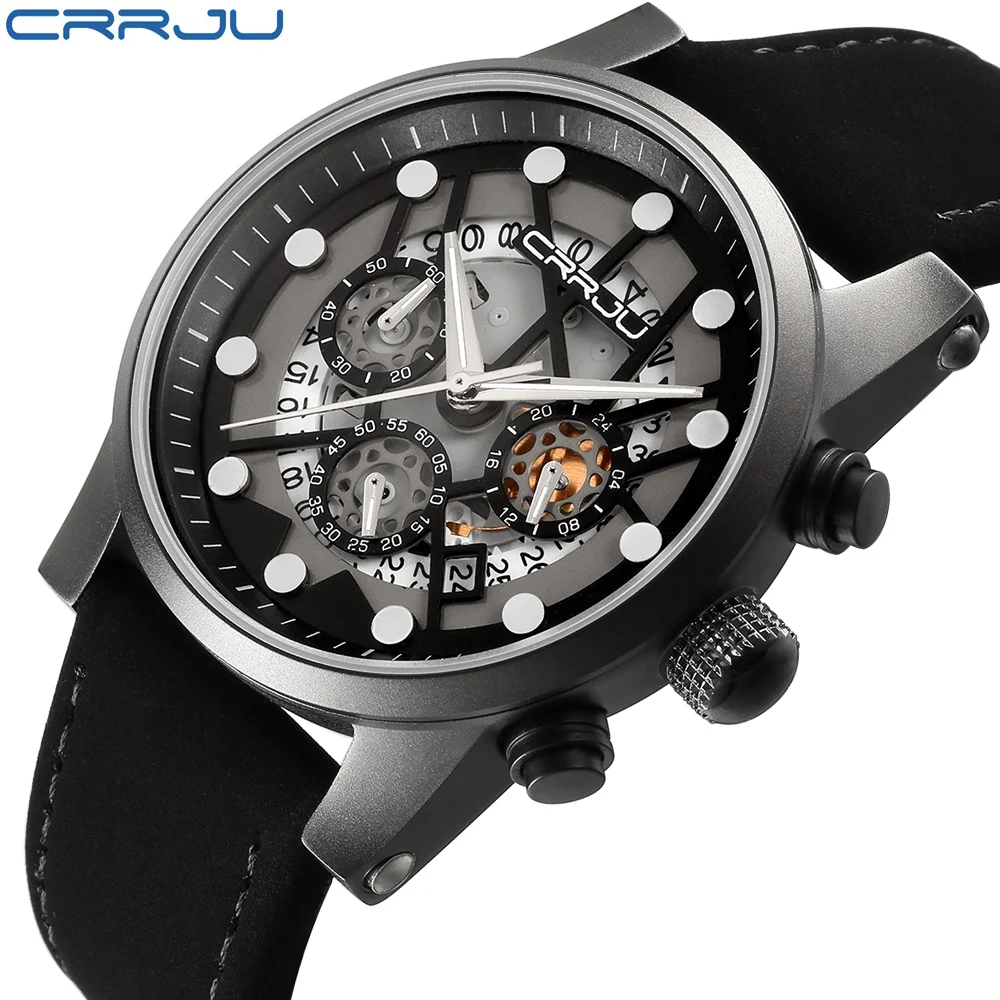 

CRRJU Hollow Calendar Watch Top Brand Luxury Men Watches Fashion Genuine Leather Business Wristwatch Hot Sale Relogio Feminino