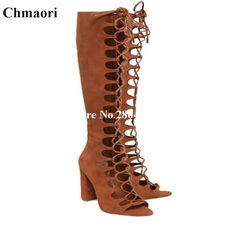 

Rome Style Ladies Boots Knee-High Lace UP Peep Toe Cut-outs Women Booties Thick High Heels Solid Spring Autumn Shoes Women