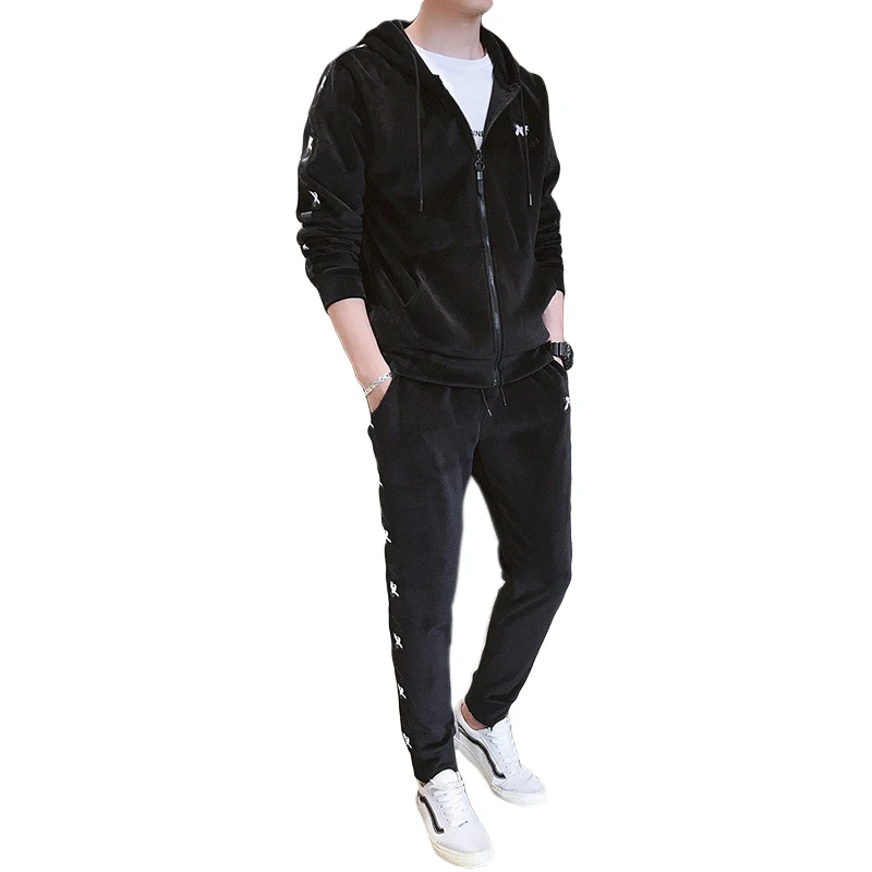 

Men's 2018 Autumn Pleuche Sportswear Crane Print Running Suit Hooded Zipper 2-piece Sport Suit Male Running Fitness Jogging Set