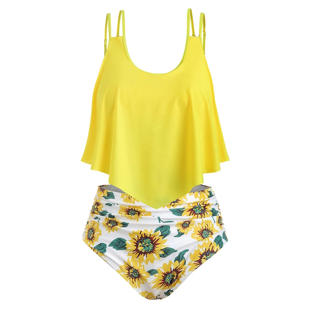 

ROSEGAL Sunflower Contrast Overlay Plus Size Tankini Set Spaghetti Straps Top Floral Print Swim Sets Holiday Beach Wirefree Sets