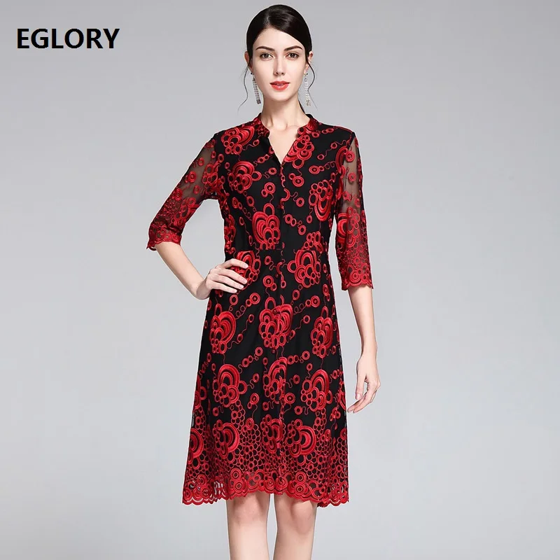 

XXXXL Dress Vestidos 2019 Spring Summer 1950s Style Women Allover Hollow Out Embroidery Mesh 3/4 Sleeve Vintage Retro Dress