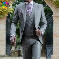 Итальянский серый для мужчин костюмы 3 предмета пиджак брюки жилет Широкий остроконечные нагрудные Свадебные для Best человек пиджаки