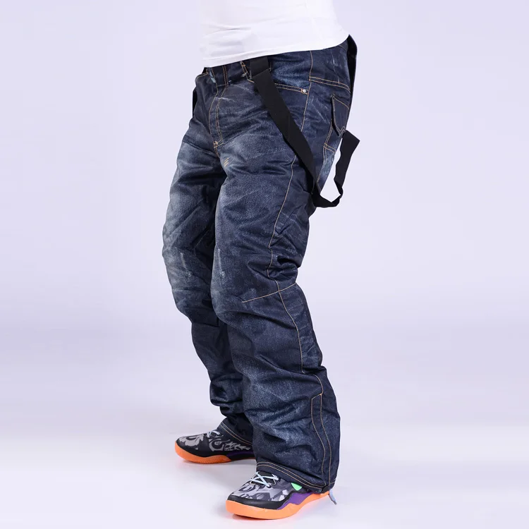 Новые лыжные брюки Уникальные джинсовые подтяжки лыжные штаны водонепроницаемые дышащие теплые лыжные и сноубордские штаны