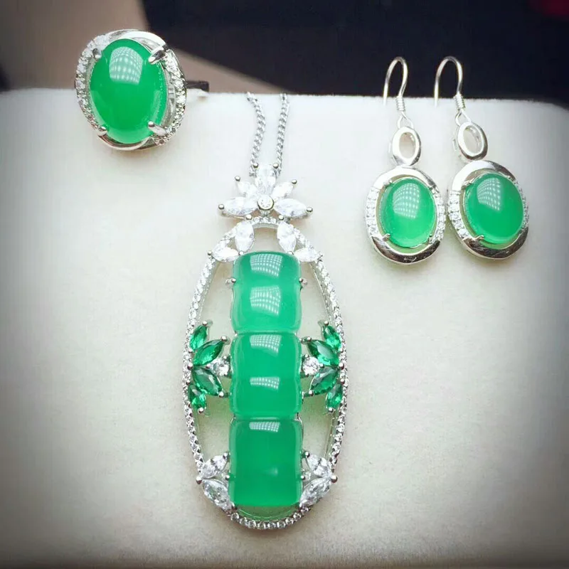 

Yu Xin Yuan Fine 925 Mosaic Natural green Bamboo SectionChalcedony Pendant Ring Earrings Jewelry Suit