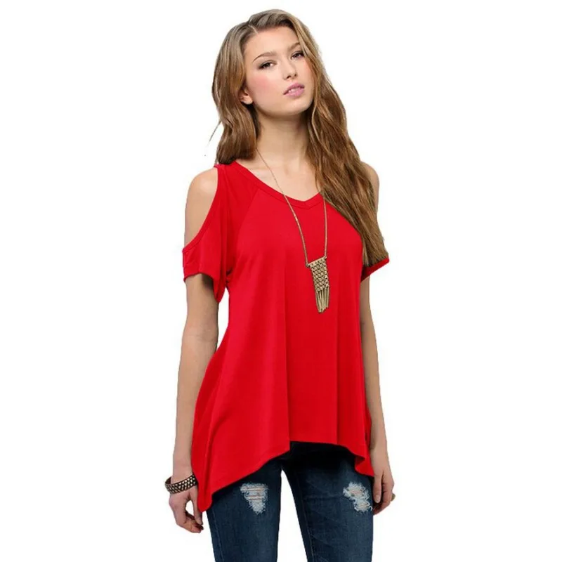 ZH хлопковые футболки летние женские хлопковые футболки с круглым вырезом и коротким рукавом с открытыми плечами женские сексуальные Свободные повседневные женские футболки больших размеров - Цвет: Dark Red