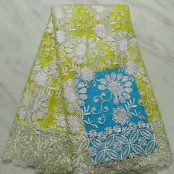 

Latest Yellow White Nigerian Lace Fabric High Quality Tulle African Lace Fabric Wedding Dress French Lace Material 5 yards/lot