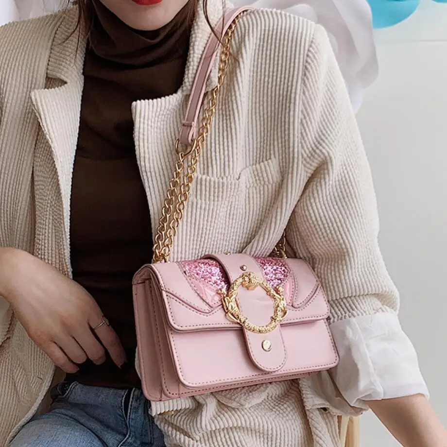 

Sequin Square bag 2019 Fashion New High Quality PU Leather Women's Designer Handbag Sweet Lady Lock Chain Shoulder Messenger Bag