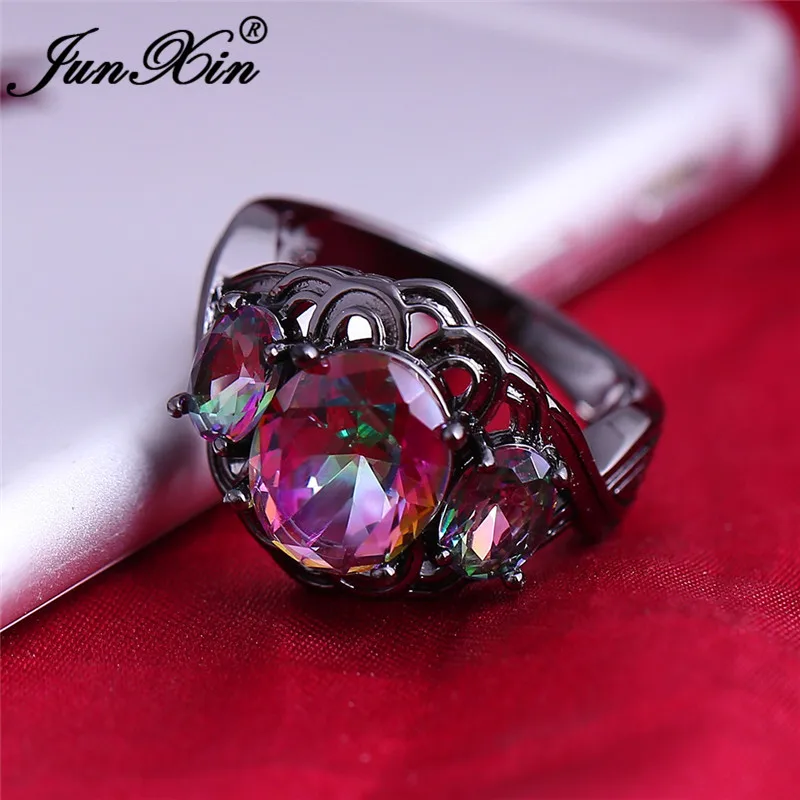 JUNXIN Mystical Fire Birthstone Antique Rings For Women Men Black Gold Oval Rainbow Zircon Big Wedding Finger Ring Female Male