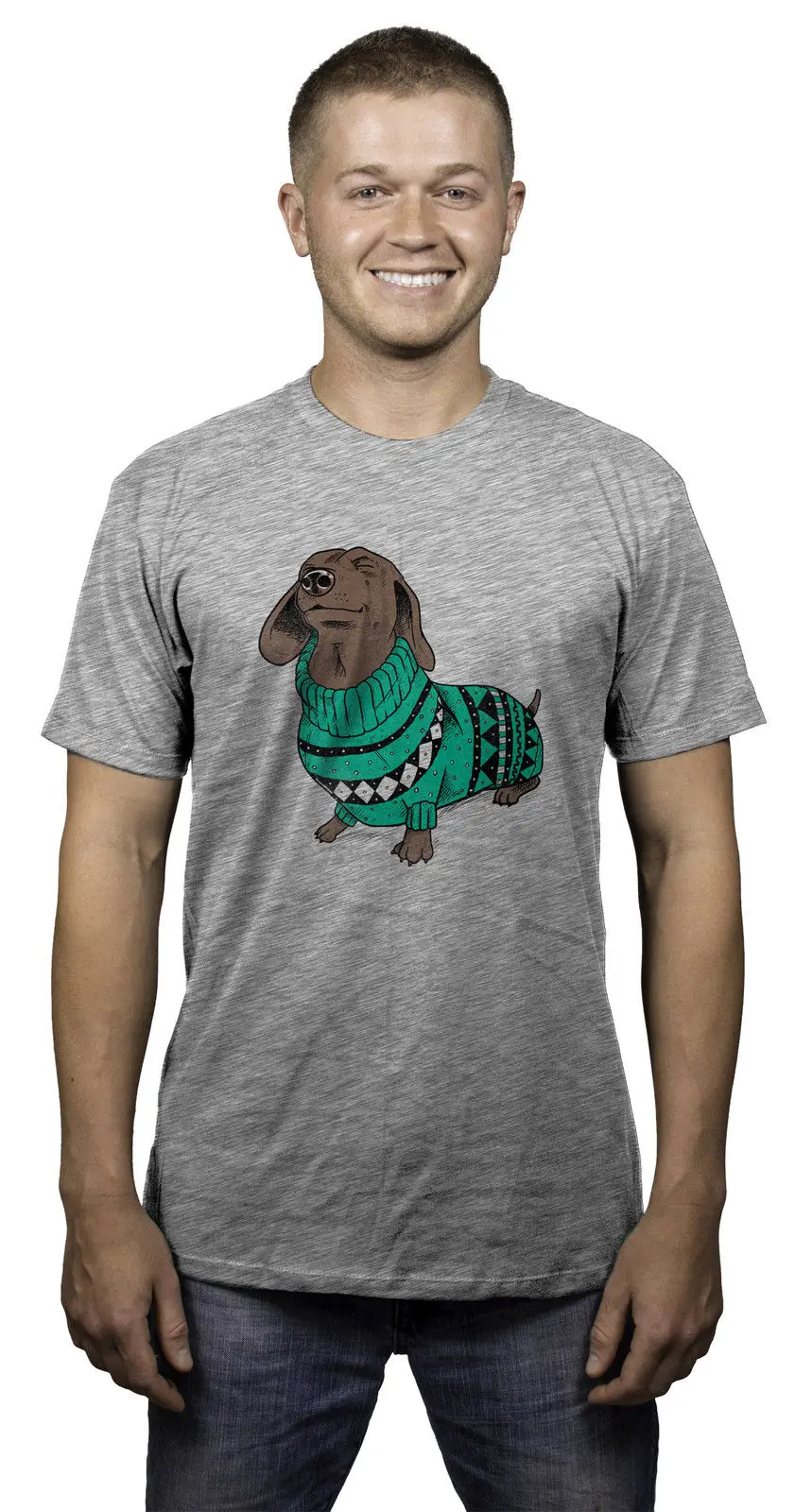 Mens Wiener Dog In Christmas Sweater Dachshund T Shirt 100 Cotton T
