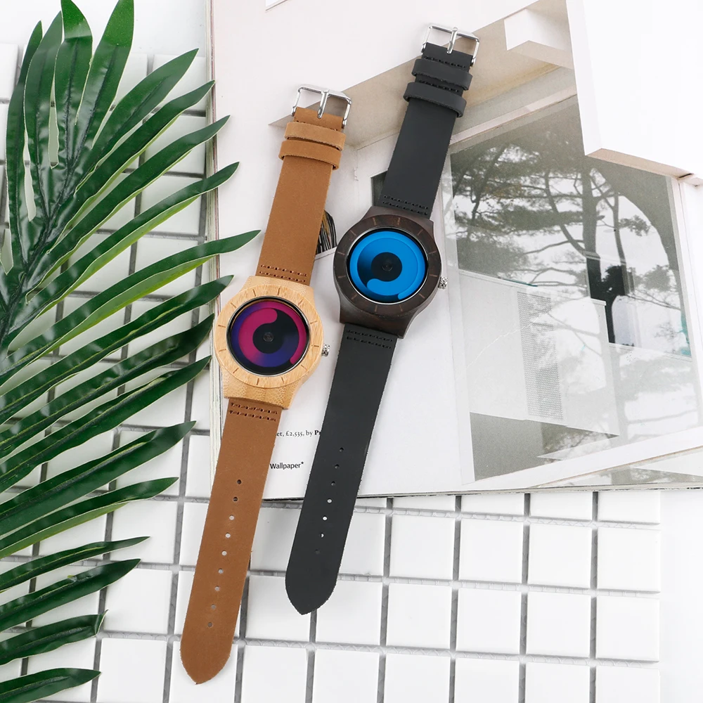 YISUYA Blue Turntable Men's Bamboo Wooden Wrist Watch Women Unisex Quartz Novel Wood Clock Genuine Leather Band Strap Watch Gift (13)