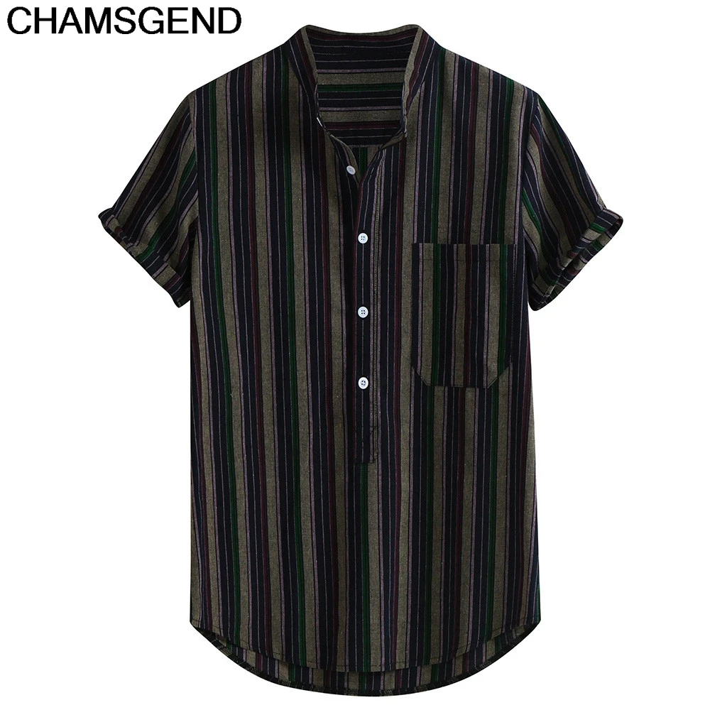 

CHAMSGEND Shirt Fashion Summer Men Button Hawaii Striped Loose Shirt With Pocket Male Top Blouse Beach Shirts Plus Size 26JULY18