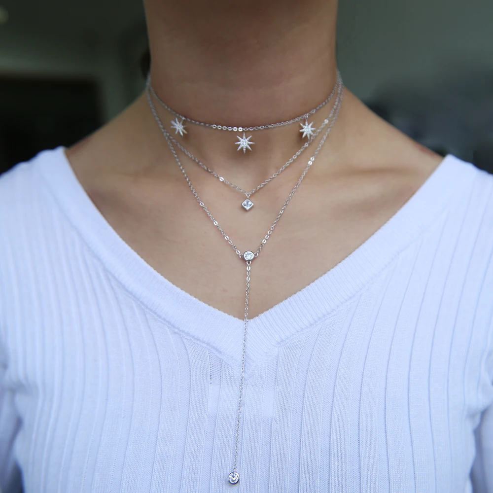 Для женщин ожерелье Новая мода ожерелье под розовое золото Starburst длинные 3 Слои цепи Цепочки и ожерелья мульти Слои звезд чокеры