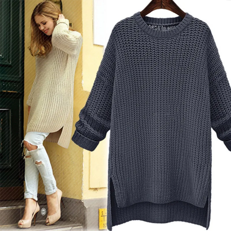 

Women Solid Irregular Hem Knitted Long Sweater Casual O-Neck Pullovers Female Long Sleeve 2019 Spring Autumn Fashion Sweaters