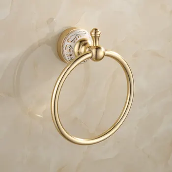 

European Space Aluminum Gold Luxury Ceramic and Brushed Towel Ring, Bathroom Accessories Carved Towel Holders Towel Shelf Rack