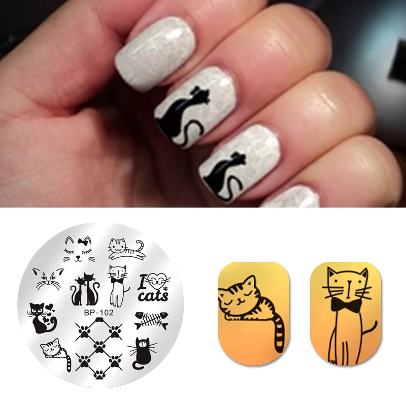 

BORN PRETTY 5.5cm Round Nail Art Stamping Template Cute Cats Design Pattern Image Manicure Nail Printing Plate Stencil BP-102