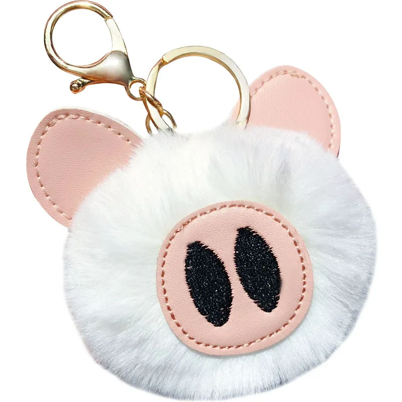 

Cartoon pig keychain female creative cute animal Faux fur ball keyring car key chain ring for women bag