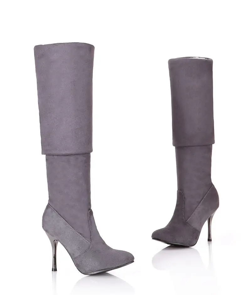 MORAZORA/Большие размеры 34-43, новая модная обувь, ботфорты женские осенние флоковые сапоги на высоком тонком каблуке с острым носком черного цвета
