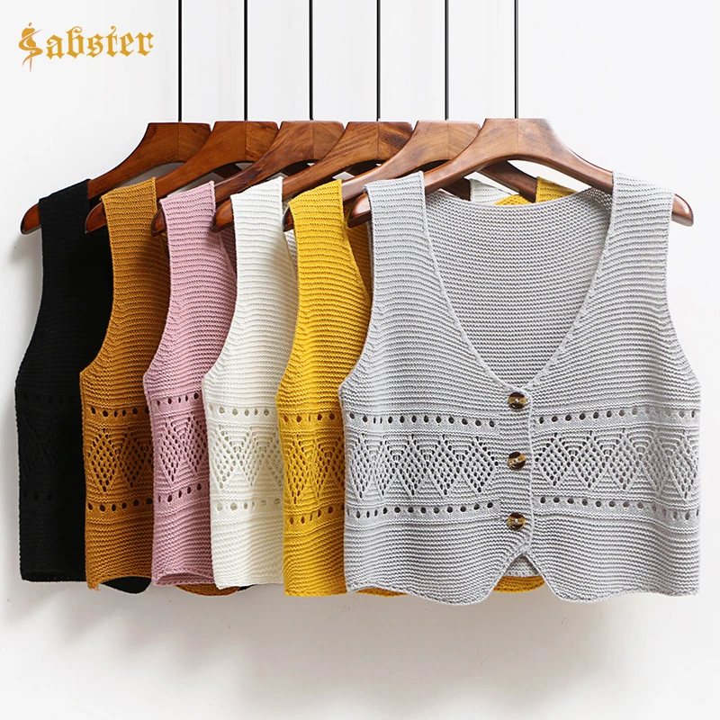 2019 New Women Spring Sleeveless Knitted Vest Woman Slim Stitching Knitting Cardigans Clothing Hollow Out Short Vest XZ215