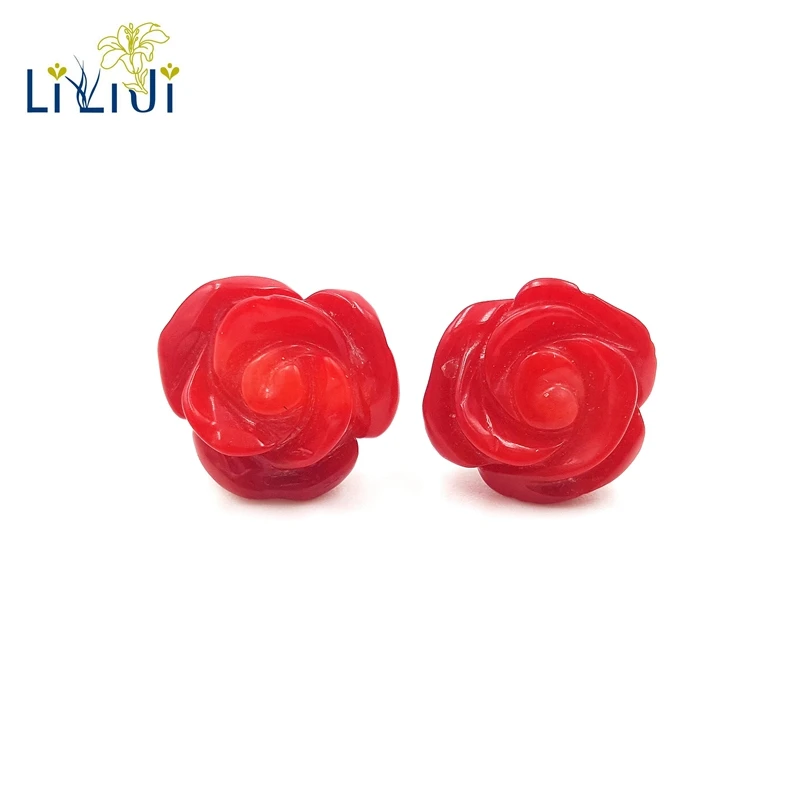 Lii Ji 12mm Dyed Real Coral Rose 925 Sterling Silver Stud Earring Elegant Jewelry For Women Fine Jewelry