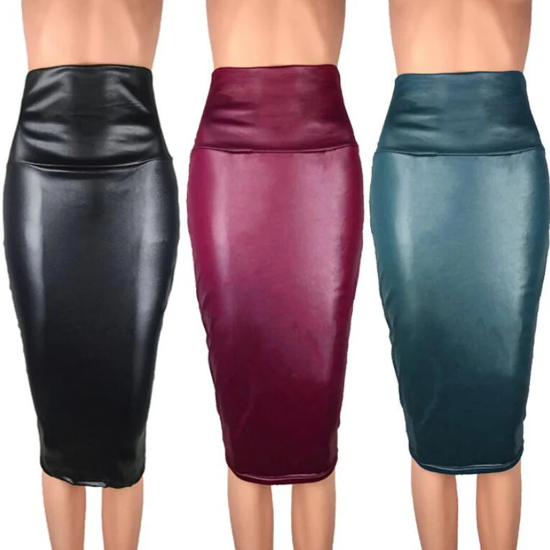 Plus Size XXXL Women PU Solid Color Pencil Skirt Female Spring Autumn Office Lady High Waist Bodycon Knee Length Leather Skirts 2020low cut sexy backless dress with sweet temperament and new french retro office lady polyester knee length