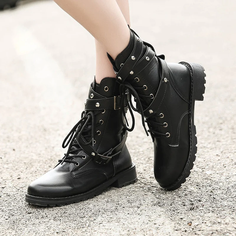 

2019 New Female Thick With Belt Buckle Motorcycle Women's Boots Lovers Boots Military Boots Large Size Women's Shoes Women