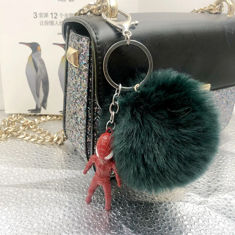 

For Spiderman Keychain Pompom Avengers Key Chains Jewelry Fur Ball Key Chain Fluffy Pom Pom Keyring For Women Car Bag Key Ring
