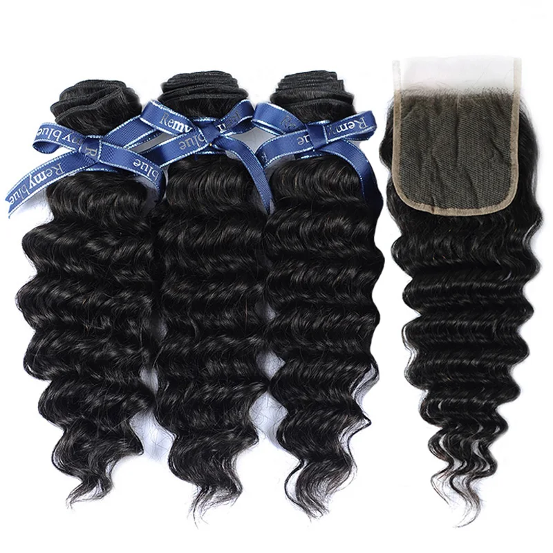 Remy перуанские пучки волос с закрытием глубокая волна человеческих волос Remyblue 3 пучка с закрытием натуральный цвет для черной женщины