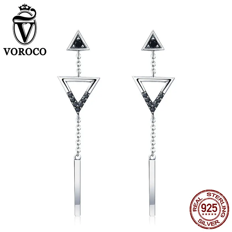 

VOROCO Real 100% 925 Sterling Silver Triangle Geometric Drop Dangle Earrings for Women Chic Fine Jewelry Long Earring VSE144