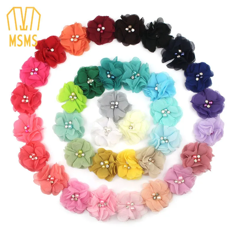 

2 inch Soft Chiffon Flowers 35 colors in stock,Handmade Two Pearl Two Rhinestone Flower,Beaded Flower