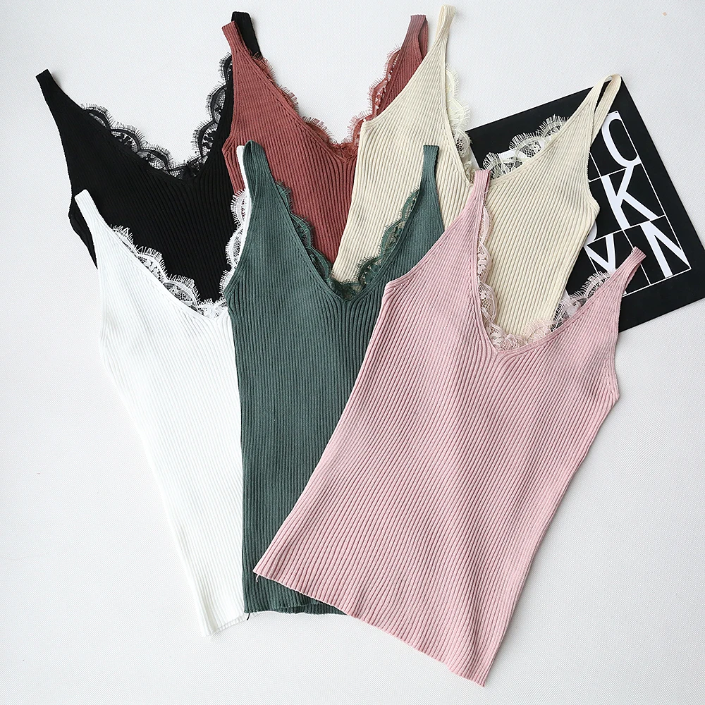 Топ женский трикотажный однотонный без рукавов с V образным вырезом|cami top|tank topcami