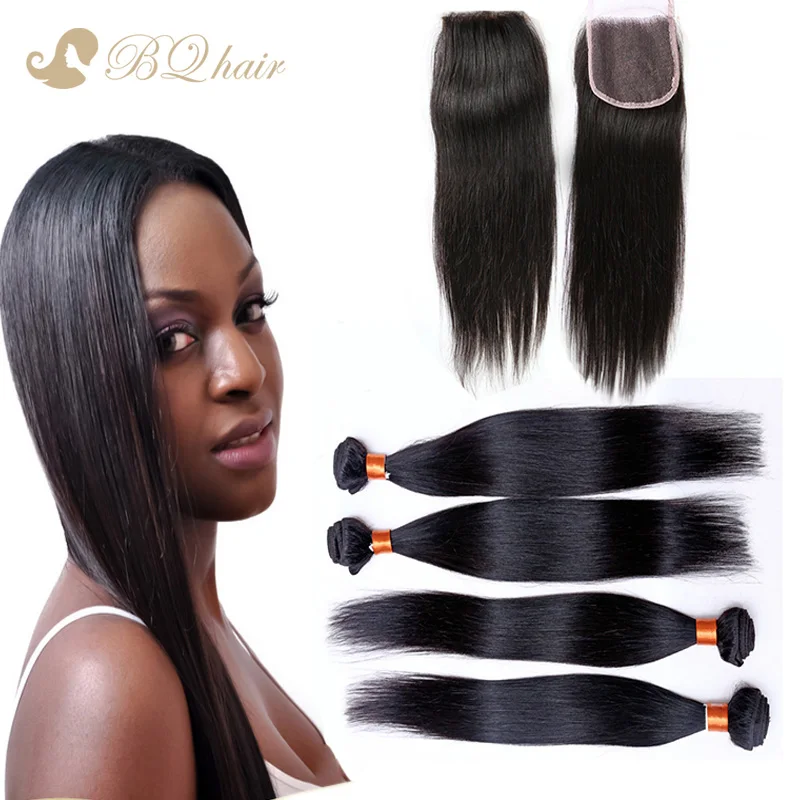 8A Cheap Brazilian straight hair 4 bundles with lace closure unprocessed straight virgin hair weaves with