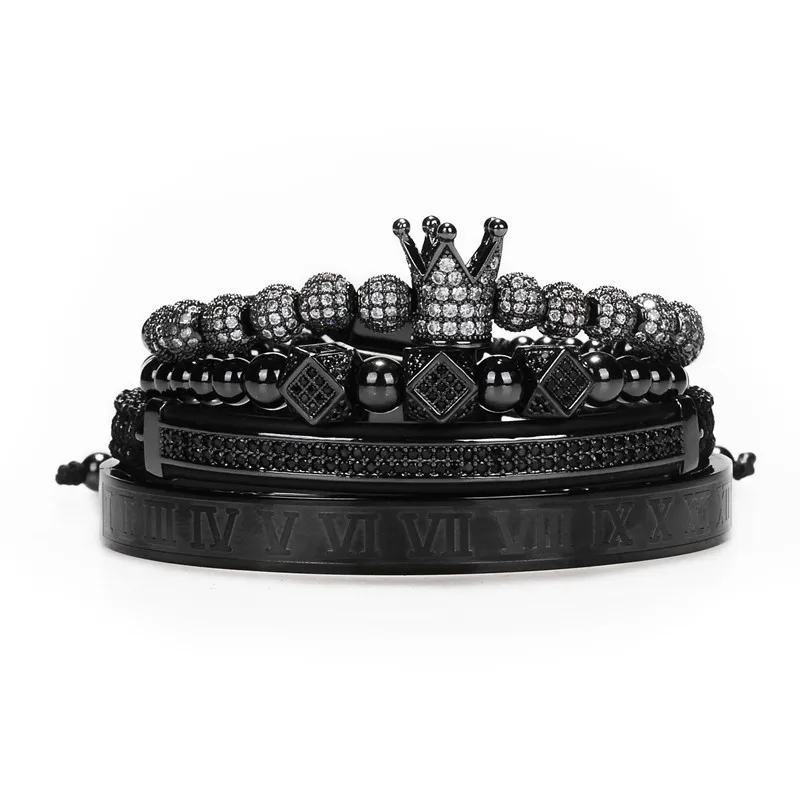 Black set-6DR Лидер продаж, классический плетеный браслет ручной работы, золотой, хип-хоп, мужской браслет с фианитами, Корона из римских цифр, роскошные ювелирные изделия - Окраска металла: Black set-6DR