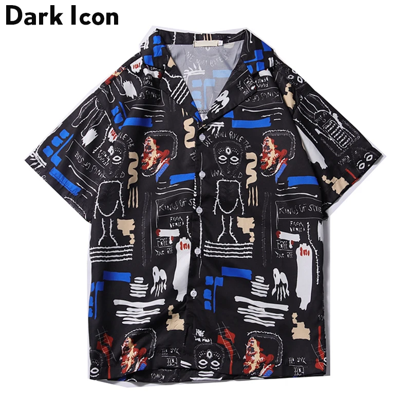 الظلام أيقونة كامل الطباعة بدوره إلى أسفل طوق الرجعية قميص الرجال 2019 الصيف قصيرة الأكمام قمصان الرجال الشارع الرجال قمصان الشارع الشهير