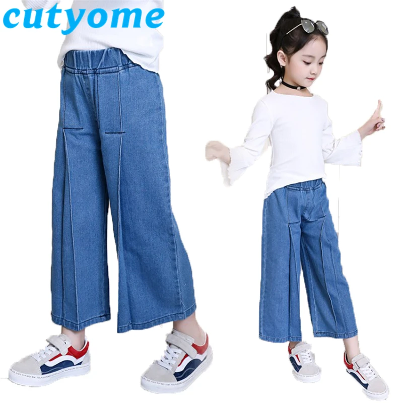 

Korean Fashion Irregular Big Girls Jeans Blue Elastic High Waist Casual Wide Leg Denim Pants for Kids Loose Vintage Washed Jeans