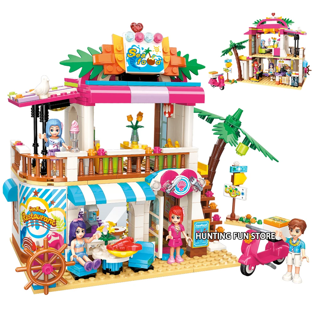 

Cherry Beach Seafood Restaurant Fit Friends Set Motorcycle Tree Figures Educational Building Blocks Toy for Girls Gifts