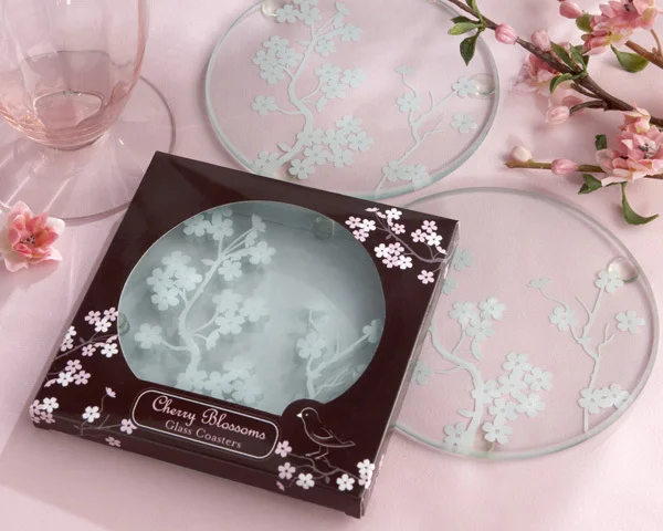 Free Shipping 100pcs 50box Cherry Blossoms Frosted Glass Coasters