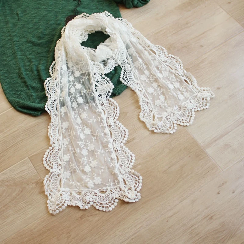 

New Lace Yarn Lady Party Long Scarf Shawl Embroidery Floral Lace White
