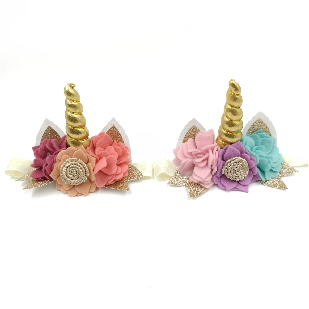 

10Pcs/lot Gold Unicorn Headband Handmade Felt Flowers Hair Band Glitter Ear Headband Hair Accessories for Baby Girls Kidocheese