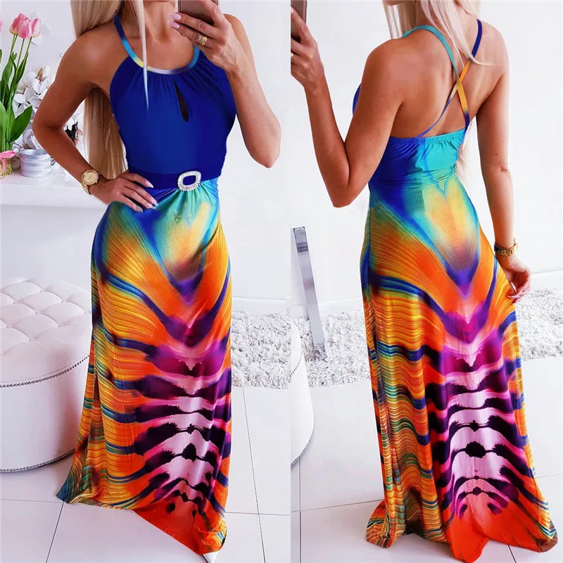 

Women Sexy Off Shoulder Strap Boho Long Maxi Dress Evening Party Beach Dresses Sundress Backless Print High Waist Dress