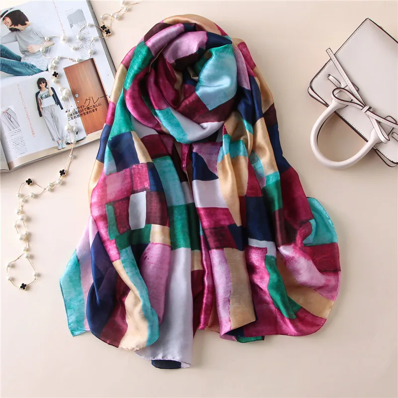 Роскошный бренд, женский шелковый шарф, дизайнерские клетчатые летние пляжные шали и платки, женские шарфы, накидка для пляжа из чистого шелка - Цвет: SFN231