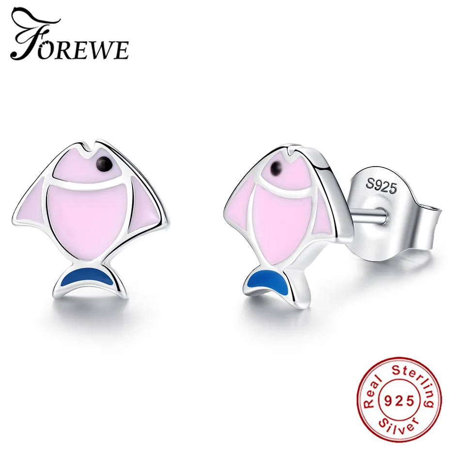 FOREWE/розовые маленькие тропические рыбки, чистое серебро 925 пробы, серьги-гвоздики для женщин, девочек, детей, детей, милые изящные ювелирные изделия