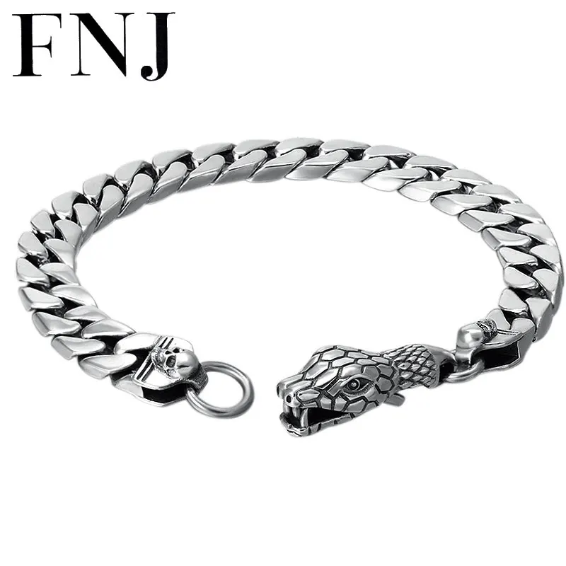 

FNJ 20cm Snake Head Bracelet 925 Silver Punk Fashion Skull Width 8mm Original Pure S925 Thai Silver Bracelets for Men Jewelry