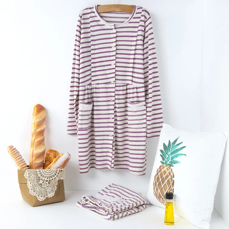 

Fashion Maternity Nightwear Long Sleeves Stripe Sleepwear Nursing Cotton Button Pocket Pajamas for Pregnant Women Clothing Sets