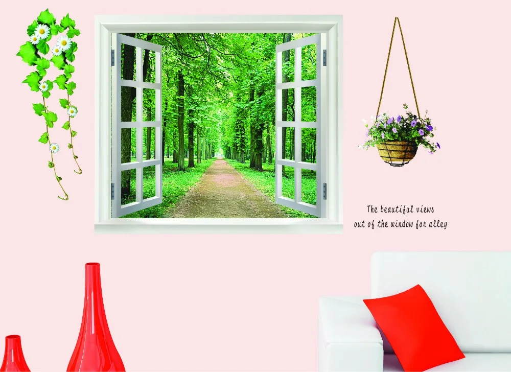 Huge 3D Window View Green Forest Wall Decal Sticker Removable Home Art