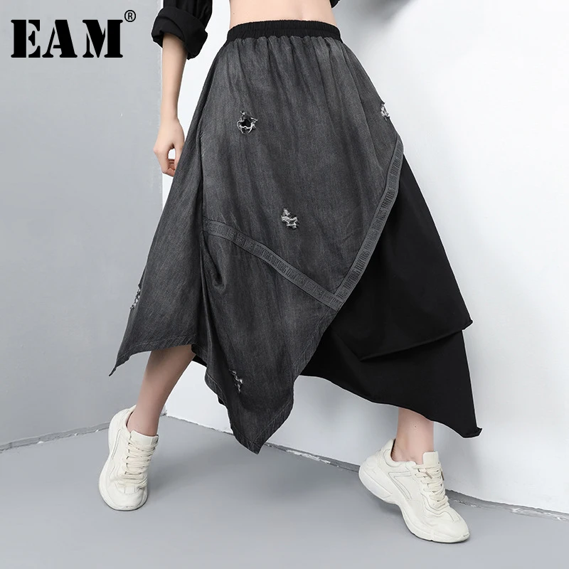 

[EAM] 2019 New Spring Summer High Elastic Waist Denim Holes Split Joint Irregular Half-body Skirt Women Fashion JQ413
